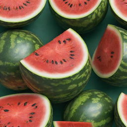 A juicy, fresh watermelon with brilliant red flesh and deep green stripes, displaying perfectly ripe seeds within its glossy core.