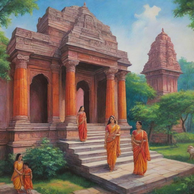 An illustrative scene of Ram, Sita, and Lakhan in the ancient city of Ayodhya, filled with vibrant colors, traditional Indian architecture, and lush greenery.