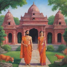 An illustrative scene of Ram, Sita, and Lakhan in the ancient city of Ayodhya, filled with vibrant colors, traditional Indian architecture, and lush greenery.