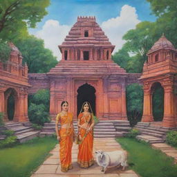 An illustrative scene of Ram, Sita, and Lakhan in the ancient city of Ayodhya, filled with vibrant colors, traditional Indian architecture, and lush greenery.