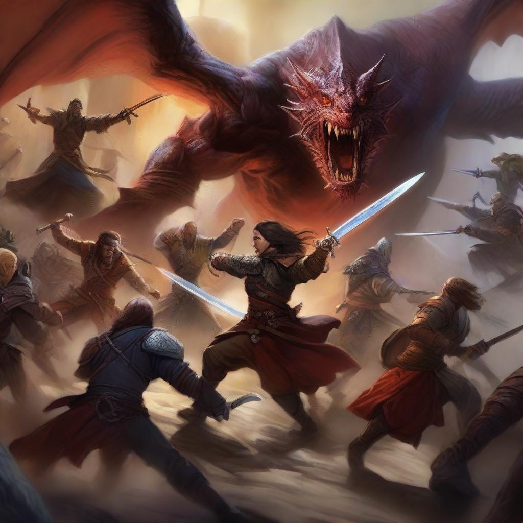 A high-resolution digital art piece depicting an intense battle scene involving Dungeons and Dragons characters