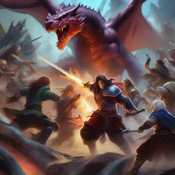 A high-resolution digital art piece depicting an intense battle scene involving Dungeons and Dragons characters