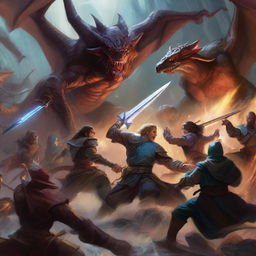 A high-resolution digital art piece depicting an intense battle scene involving Dungeons and Dragons characters