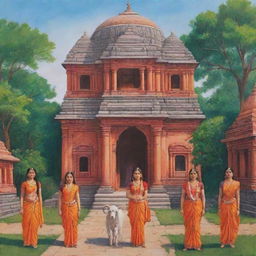 An illustrative scene of Ram, Sita, and Lakhan in the ancient city of Ayodhya, filled with vibrant colors, traditional Indian architecture, and lush greenery.