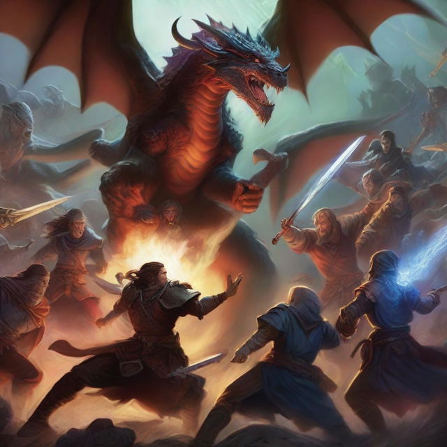 A high-resolution digital art piece depicting an intense battle scene involving Dungeons and Dragons characters