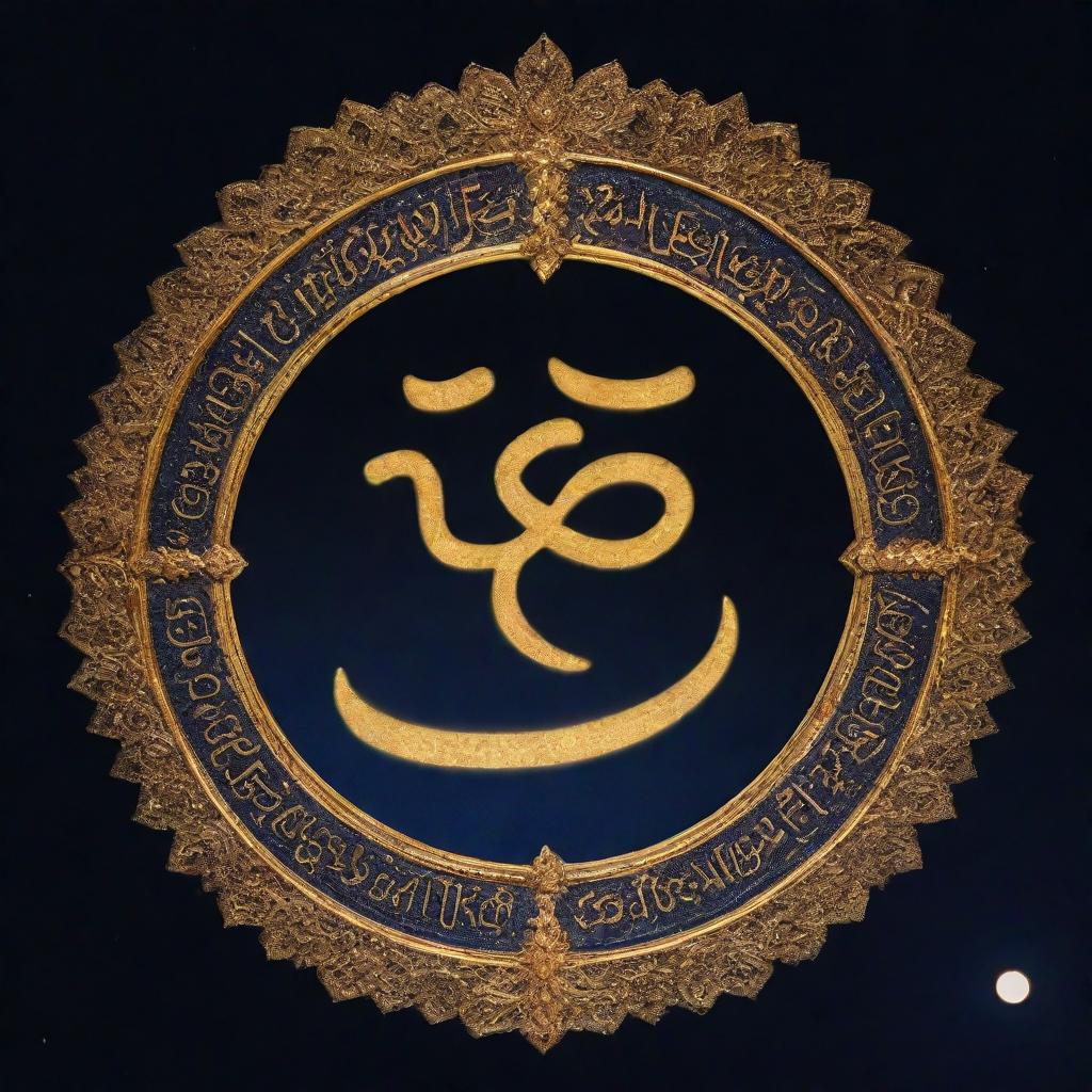 A golden illuminated depiction of the word 'Waheguru' in Punjabi script, suspended against a tranquil midnight blue sky, exuding a peaceful aura.