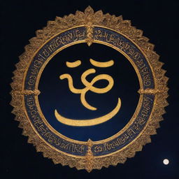 A golden illuminated depiction of the word 'Waheguru' in Punjabi script, suspended against a tranquil midnight blue sky, exuding a peaceful aura.