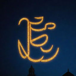 A golden illuminated depiction of the word 'Waheguru' in Punjabi script, suspended against a tranquil midnight blue sky, exuding a peaceful aura.