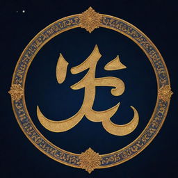 A golden illuminated depiction of the word 'Waheguru' in Punjabi script, suspended against a tranquil midnight blue sky, exuding a peaceful aura.