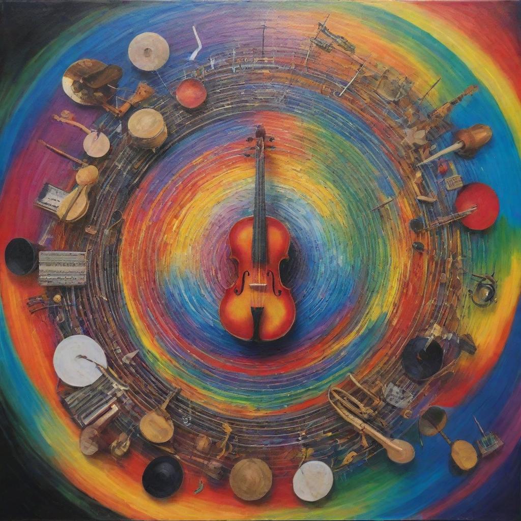 A powerful image depicting the transformative influence of music, represented visually with vibrant colours, energy waves, and diverse instruments feeding into a central vortex.