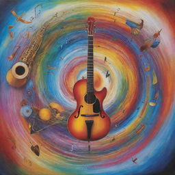 A powerful image depicting the transformative influence of music, represented visually with vibrant colours, energy waves, and diverse instruments feeding into a central vortex.