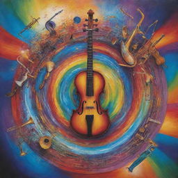 A powerful image depicting the transformative influence of music, represented visually with vibrant colours, energy waves, and diverse instruments feeding into a central vortex.