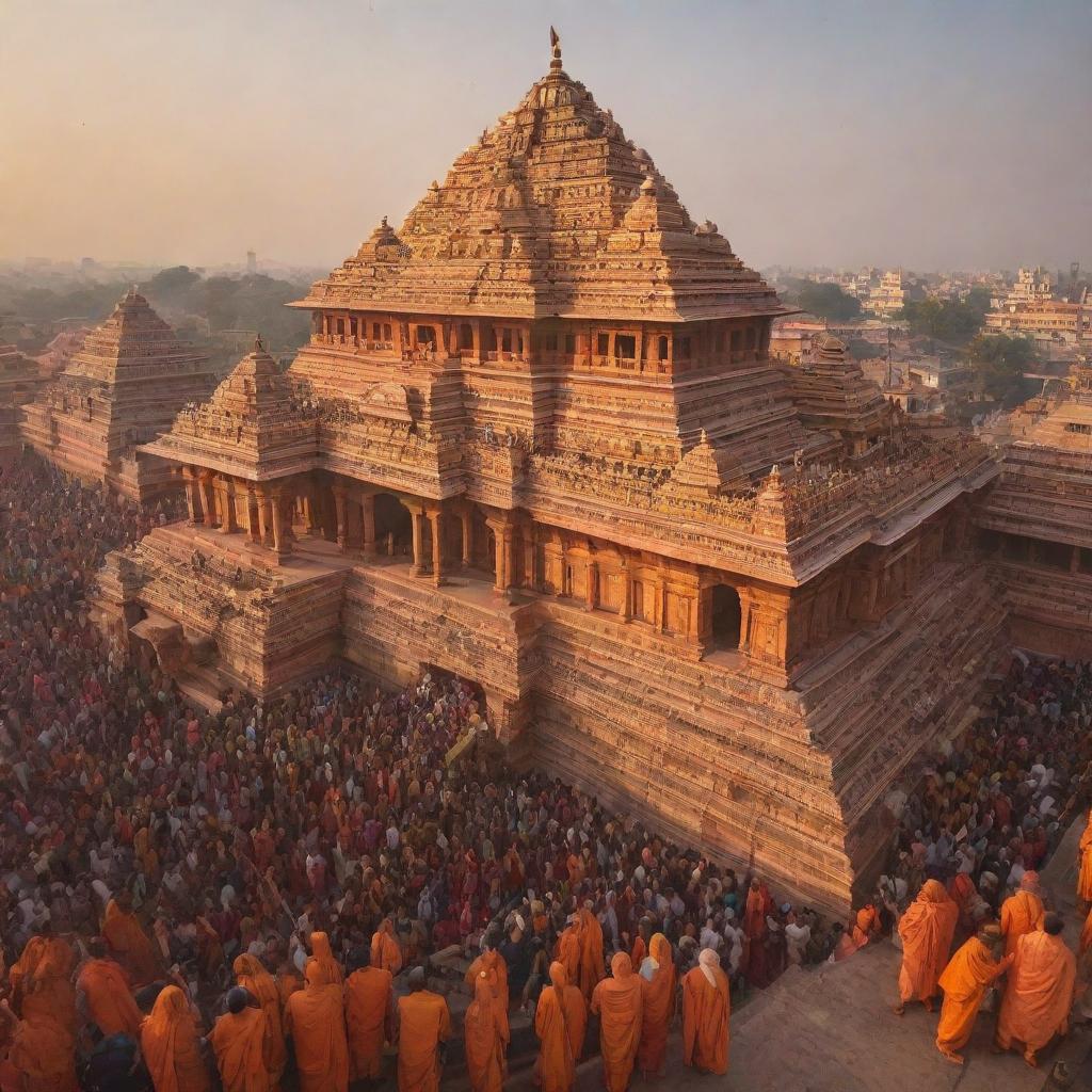 The grand spectacle of the Ram Mandir, a majestic Hindu temple, shining under golden sunlight, with vibrant crowds gathered in reverence and devotion.