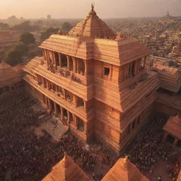 The grand spectacle of the Ram Mandir, a majestic Hindu temple, shining under golden sunlight, with vibrant crowds gathered in reverence and devotion.