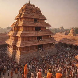 The grand spectacle of the Ram Mandir, a majestic Hindu temple, shining under golden sunlight, with vibrant crowds gathered in reverence and devotion.