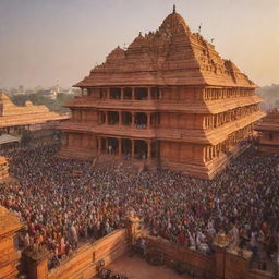 The grand spectacle of the Ram Mandir, a majestic Hindu temple, shining under golden sunlight, with vibrant crowds gathered in reverence and devotion.