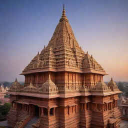 A grand and beautifully detailed Ram Mandir (temple) with soaring spires, a golden dome, intricate carvings, set against a serene sky at dusk.