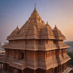 A grand and beautifully detailed Ram Mandir (temple) with soaring spires, a golden dome, intricate carvings, set against a serene sky at dusk.