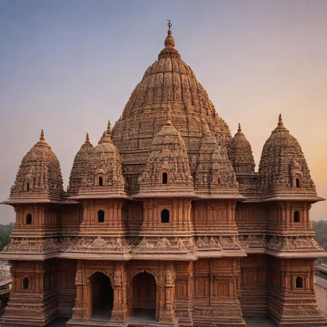 A grand and beautifully detailed Ram Mandir (temple) with soaring spires, a golden dome, intricate carvings, set against a serene sky at dusk.