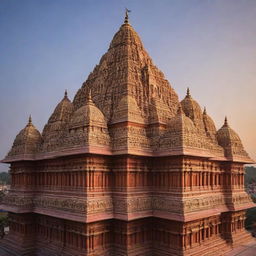 A grand and beautifully detailed Ram Mandir (temple) with soaring spires, a golden dome, intricate carvings, set against a serene sky at dusk.