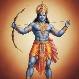 Illustration of the Hindu deity, Sri Ram, radiating power and divine aura, stood tall with a potent bow and arrow