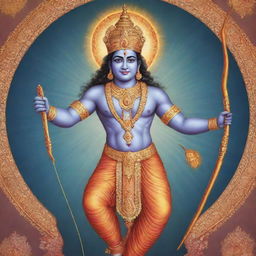 Illustration of the Hindu deity, Sri Ram, radiating power and divine aura, stood tall with a potent bow and arrow