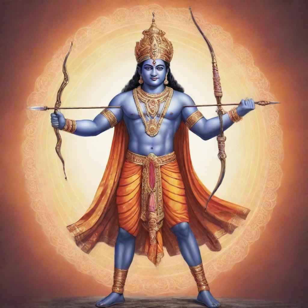 Illustration of the Hindu deity, Sri Ram, radiating power and divine aura, stood tall with a potent bow and arrow