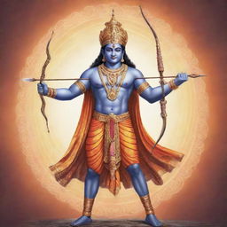 Illustration of the Hindu deity, Sri Ram, radiating power and divine aura, stood tall with a potent bow and arrow