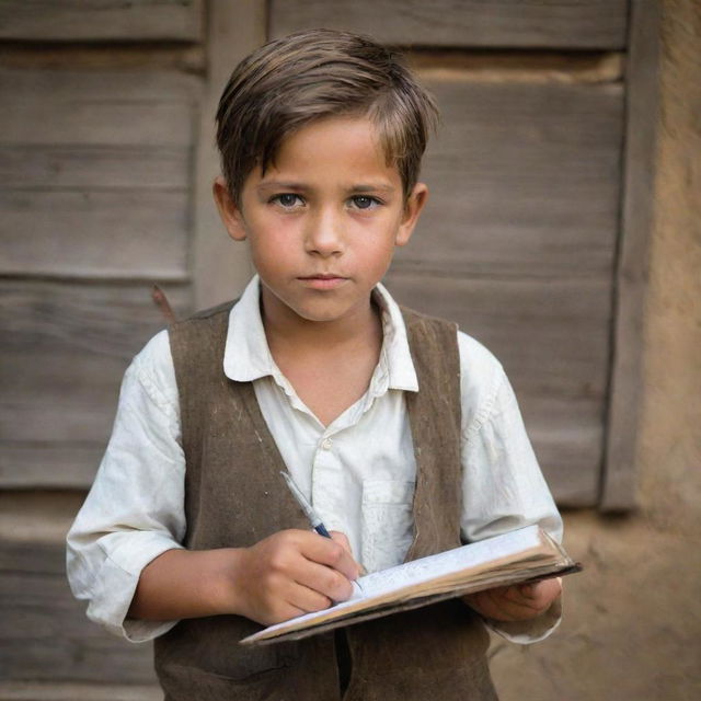 A rustic village boy holding a worn-out notebook and a vintage quill pen, showcasing his aspiration to be a writer.