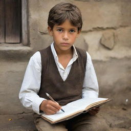 A rustic village boy holding a worn-out notebook and a vintage quill pen, showcasing his aspiration to be a writer.