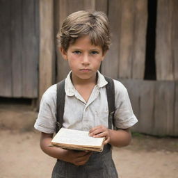 A rustic village boy holding a worn-out notebook and a vintage quill pen, showcasing his aspiration to be a writer.