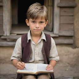 A rustic village boy holding a worn-out notebook and a vintage quill pen, showcasing his aspiration to be a writer.