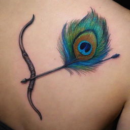 Create a tattoo design featuring a bow and arrow, where the string of the bow is artistically replaced with a vividly colored peacock feather.