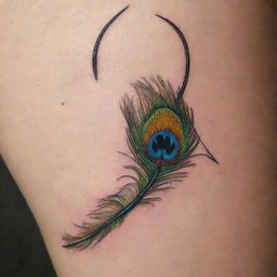 Create a tattoo design featuring a bow and arrow, where the string of the bow is artistically replaced with a vividly colored peacock feather.