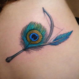 Create a tattoo design featuring a bow and arrow, where the string of the bow is artistically replaced with a vividly colored peacock feather.