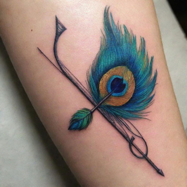 Create a tattoo design featuring a bow and arrow, where the string of the bow is artistically replaced with a vividly colored peacock feather.