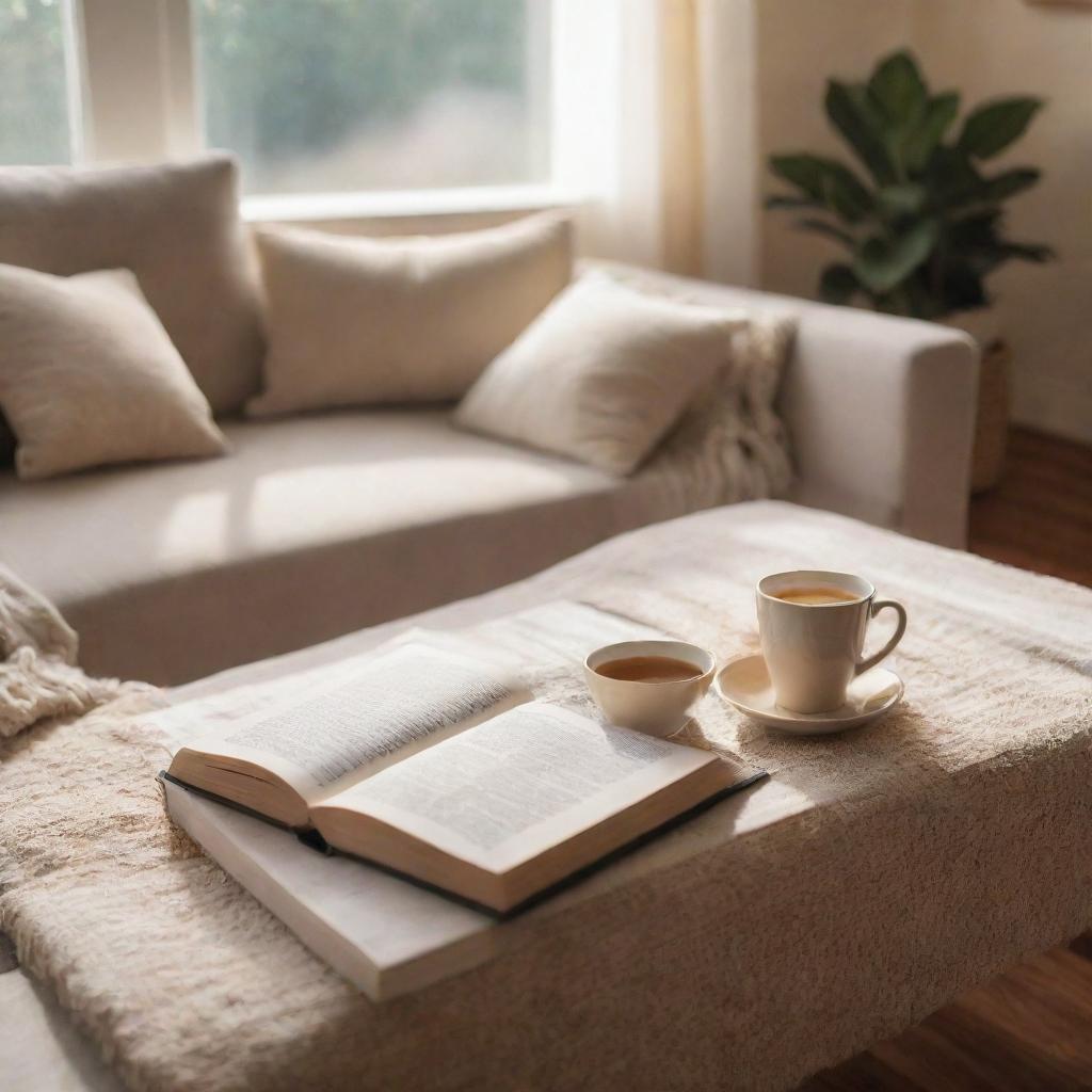 A relaxing scene illustrating a perfect day off. Include a comfortable sunlit living room, an open book on the coffee table, a cup of coffee, and a cozy couch with a fluffy throw blanket.