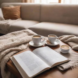 A relaxing scene illustrating a perfect day off. Include a comfortable sunlit living room, an open book on the coffee table, a cup of coffee, and a cozy couch with a fluffy throw blanket.