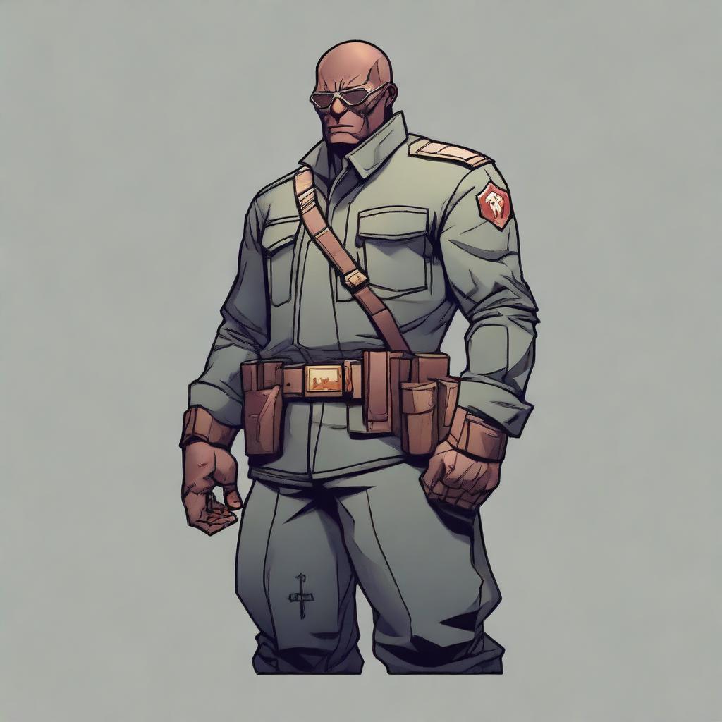 An image of a uniquely square character, devoid of arms, dressed in a detailed military uniform