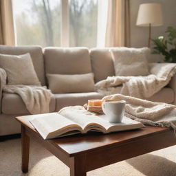 A relaxing scene illustrating a perfect day off. Include a comfortable sunlit living room, an open book on the coffee table, a cup of coffee, and a cozy couch with a fluffy throw blanket.