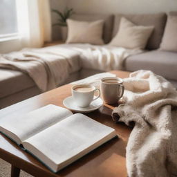 A relaxing scene illustrating a perfect day off. Include a comfortable sunlit living room, an open book on the coffee table, a cup of coffee, and a cozy couch with a fluffy throw blanket.