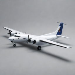 A detailed and realistic image of a Fokker 50 airplane in a neutral background, highlighting its shape and design