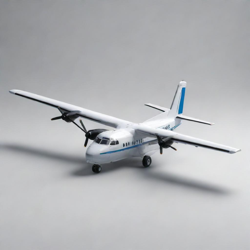 A detailed and realistic image of a Fokker 50 airplane in a neutral background, highlighting its shape and design