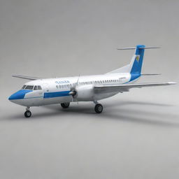 A detailed and realistic image of a Fokker 50 airplane in a neutral background, highlighting its shape and design