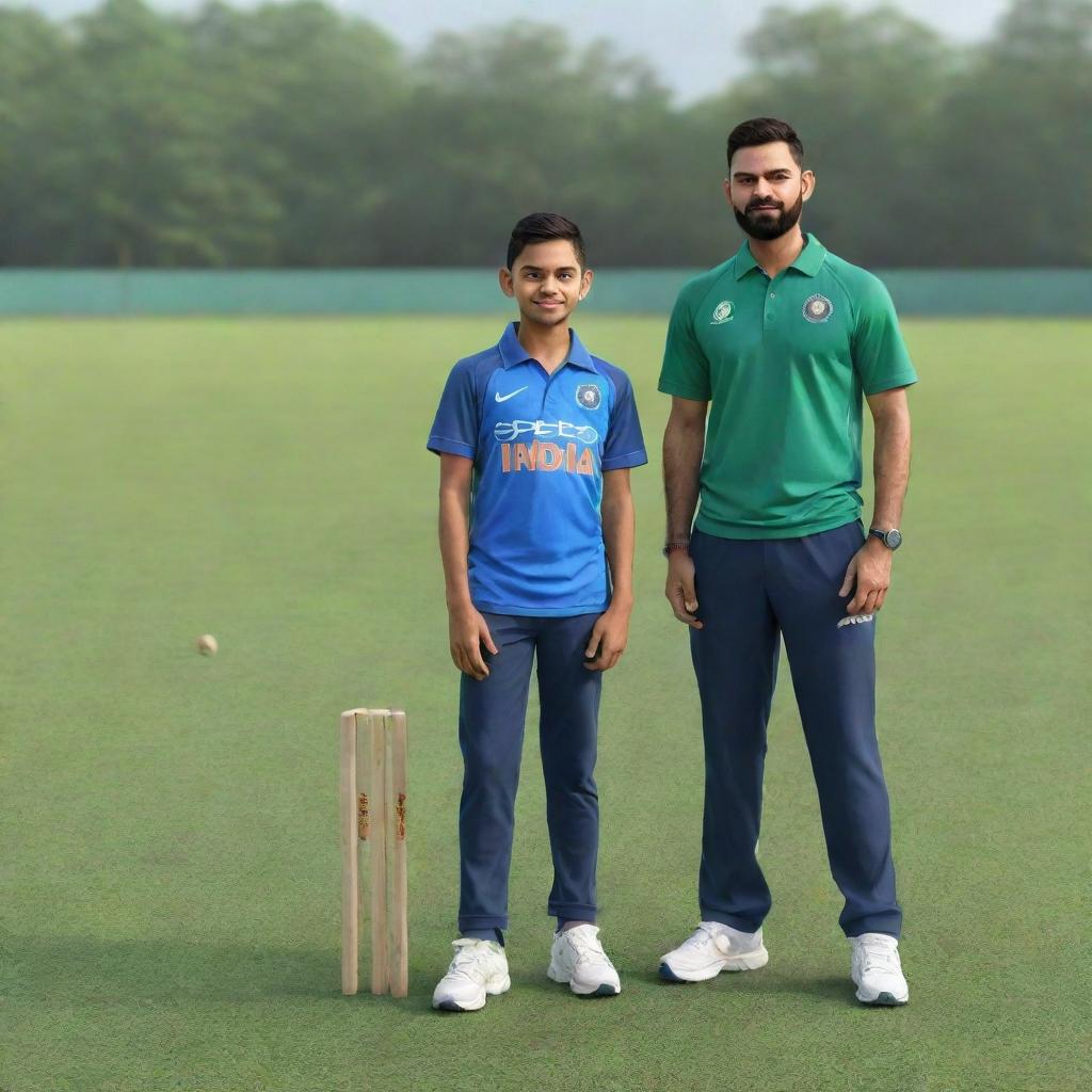 3D illustration of a young boy in a blue shirt standing next to cricket star Virat Kohli on a lush green cricket ground.