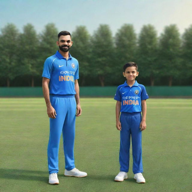 3D illustration of a young boy in a blue shirt standing next to cricket star Virat Kohli on a lush green cricket ground.