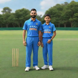 3D illustration of a young boy in a blue shirt standing next to cricket star Virat Kohli on a lush green cricket ground.