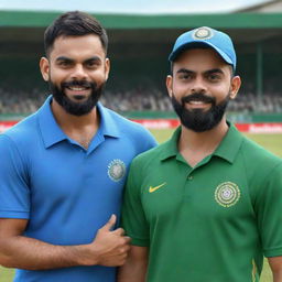 3D illustration of a young boy in a blue shirt standing next to cricket star Virat Kohli on a lush green cricket ground.