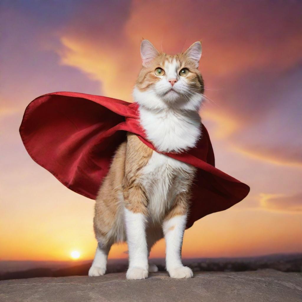 A majestic, super cat, with cape fluttering in the wind, it's eyes gleaming with determination against a breathtaking sunset backdrop.