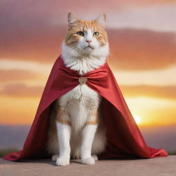 A majestic, super cat, with cape fluttering in the wind, it's eyes gleaming with determination against a breathtaking sunset backdrop.